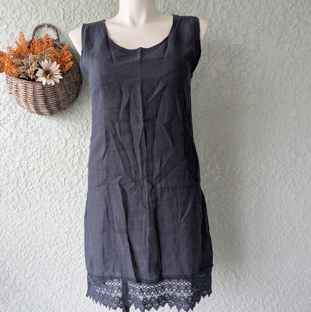 Lungo‎ L'Arno Linen Shift Dress With Crochet Hem Blue Size L